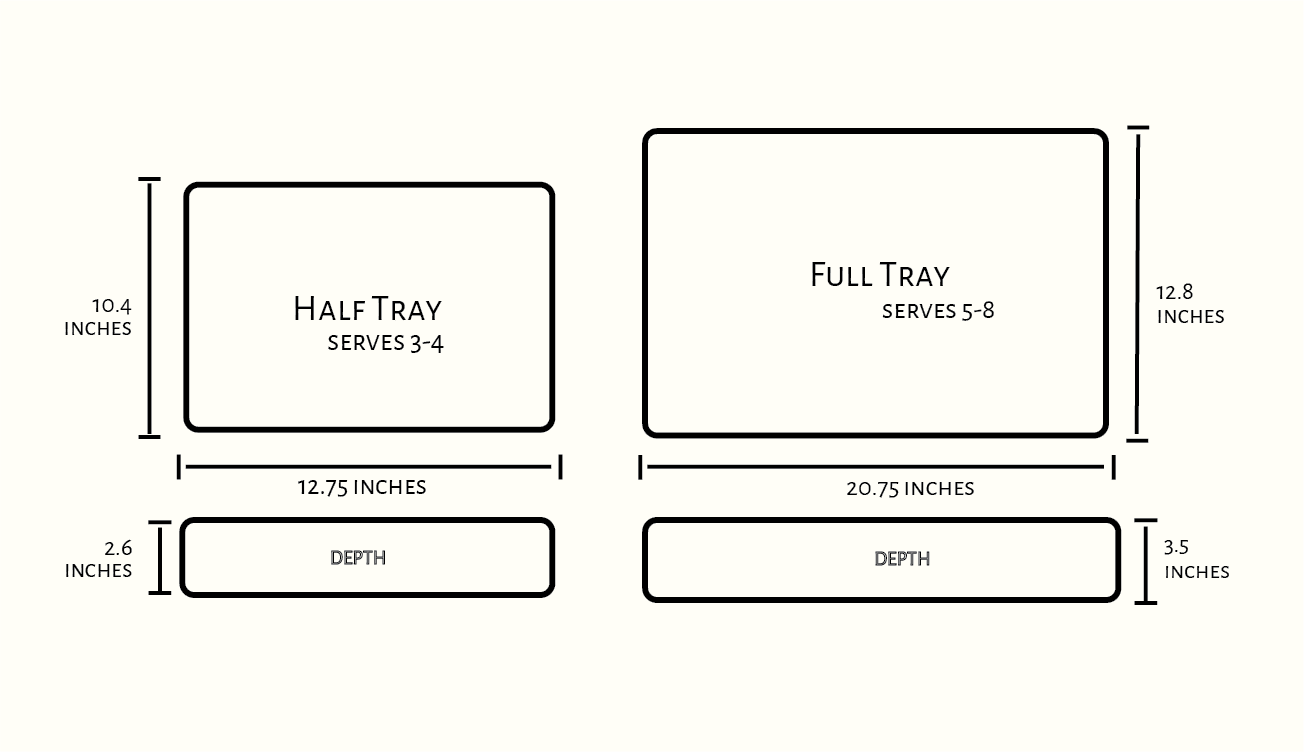 Tray sizes: half tray is 12.75 by 10.4 inches and serves 3–4; full tray is 20.75 by 12.8 inches and serves 5–8
